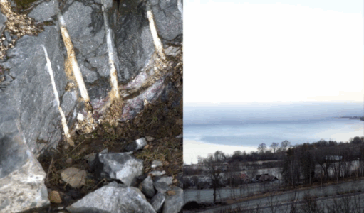 Klippa med eudialyt som håller de sällsynta jordartsmetaller Greenna minerals vill bryta samt vy över ett dimhöljt Vättern.