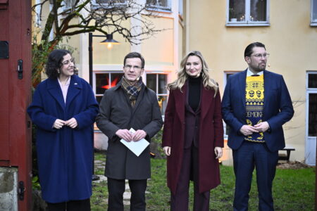 Simona Mohamsson (L), Ulf Kristersson (M), Ebba Busch (KD) och Jimmie Åkesson (SD).