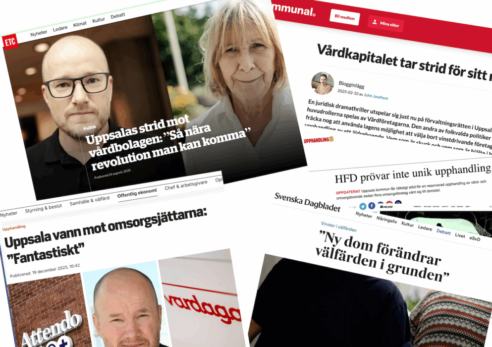 Urklipp ur rubriker om Uppsalas upphandling av vård- och omsorgsboende, där endast idéburna aktörer tillåts delta.