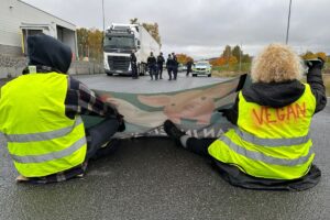 Två aktivister sitter ned och blockerar vägen för en lastbil.