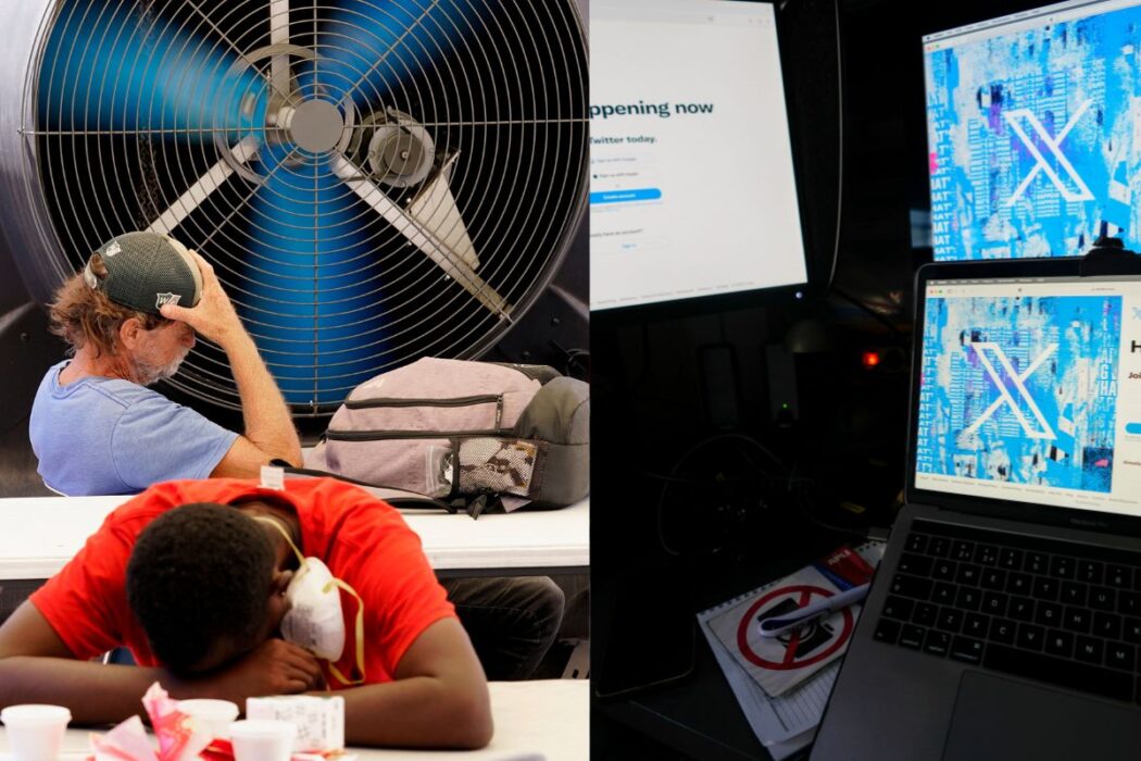 Hemlösa försmäktar i värme och en bild på X logga.