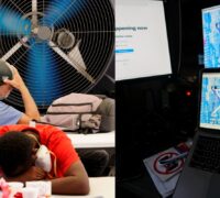 Hemlösa försmäktar i värme och en bild på X logga.