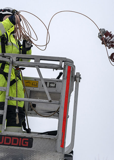 Två reparatörer lagar elledningar i snöig skog.