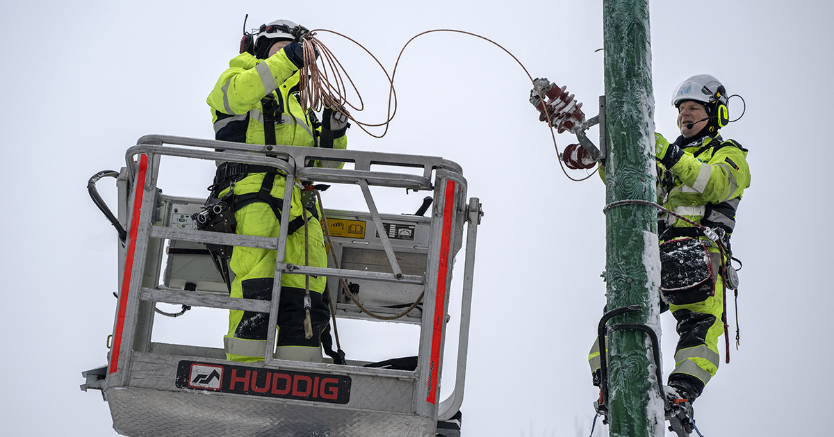 Två reparatörer lagar elledningar i snöig skog.