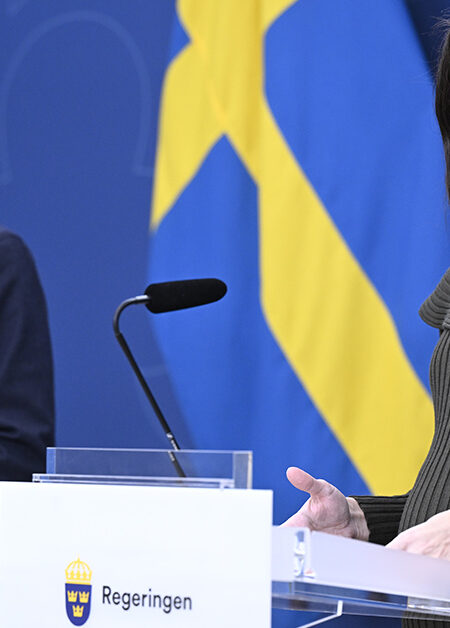 Romina Pourmokhtari håller pressträff.