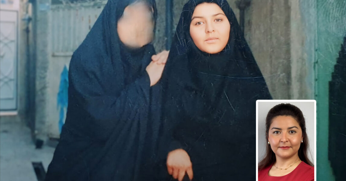 Två tonårstjejer i chador, en med suddigt ansikte