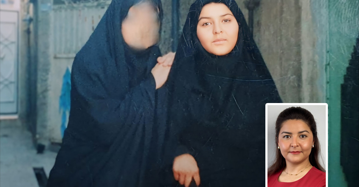 Två tonårstjejer i chador, en med suddigt ansikte