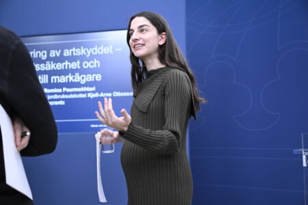 Klimat- och miljöminister Romina Pourmokhtari (L) på pressträff.