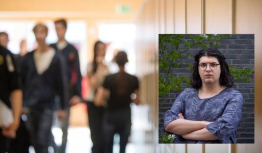 Bild i skolmiljö med infälld bild på Elias Fjellander.