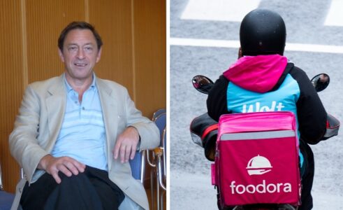 Guy och ett matbud på moppe