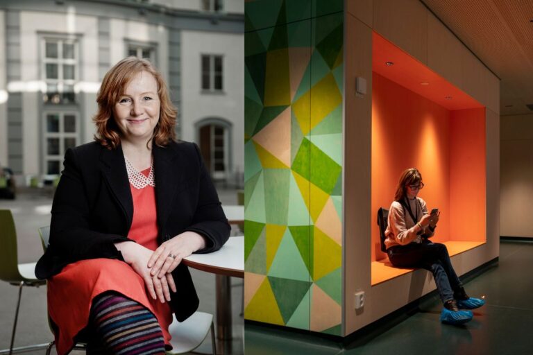 Forskaren Lena Lid Falkman och en kvinna som tittar på sin telefon på ett sjukhus.