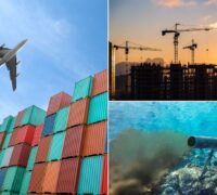 Flyg som passerar uppställda containrar, byggen, och ett rör som mynnar ut i havet samtidigt som det läcker föroreningar.