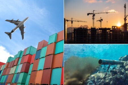 Flyg som passerar uppställda containrar, byggen, och ett rör som mynnar ut i havet samtidigt som det läcker föroreningar.