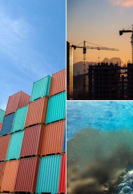 Flyg som passerar uppställda containrar, byggen, och ett rör som mynnar ut i havet samtidigt som det läcker föroreningar.