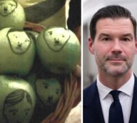 Äpplen målade med Adolf Hitlers ansikte och Johan Forsell.