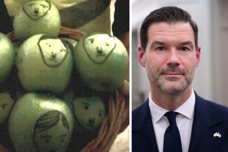 Äpplen målade med Adolf Hitlers ansikte och Johan Forsell.