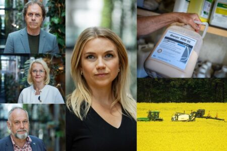 Collage av EU-parlamentariker, ett bekämpningsmedel och en traktor som besprutar ett rapsfält.