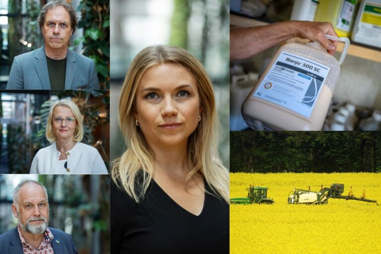 Collage av EU-parlamentariker, ett bekämpningsmedel och en traktor som besprutar ett rapsfält.
