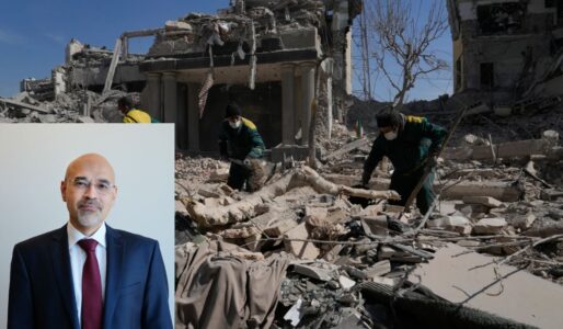 Infälld bild: Rouzbeh Parsi, bakgrund: personer som röjer i rasmassor.