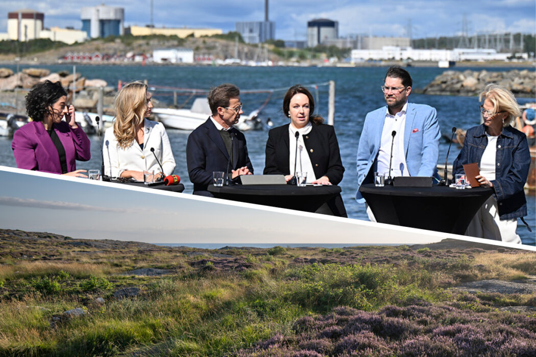 Vid en pressträff i Bua hamn i somras deltog Simona Mohamsson (L), Ebba Busch (KD), statsminister Ulf Kristersson (M), Vattenfalls vd Anna Borg, Jimmie Åkesson (SD) och finansminister Elisabeth Svantesson (M), med Ringhals i bakgrunden (övre bild).