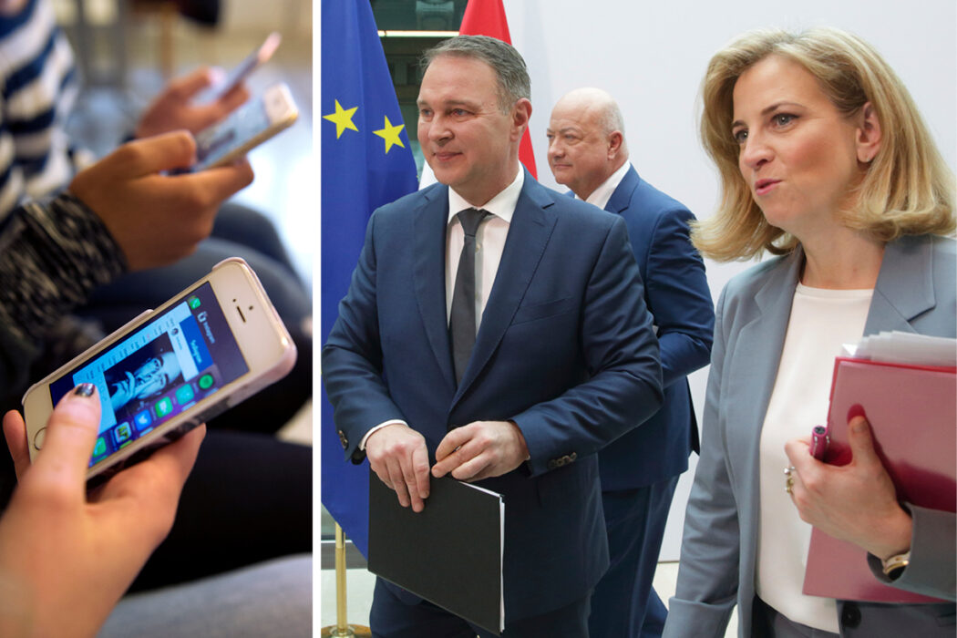 Österrikes partiledare Christian Stocker (ÖVP), Andreas Babler (SPÖ) och Beate Meinl-Reisinger (NEOS) efter en pressträff i Wien – regeringen vill införa en 14-årsgräns för sociala medier.