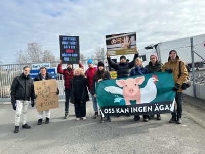 Stöddemonstration vid slakteriet.