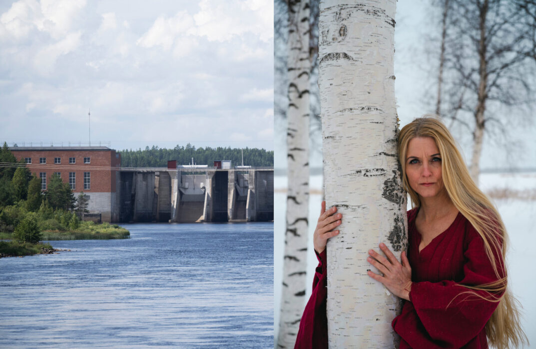Vattenkraftverk och kvinna vid björk.