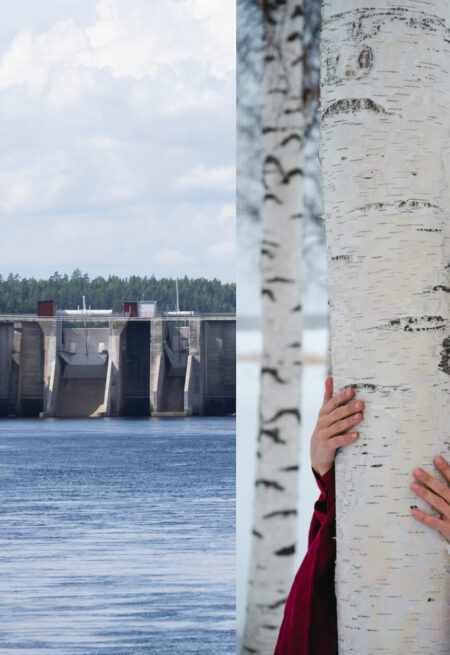 Vattenkraftverk och kvinna vid björk.