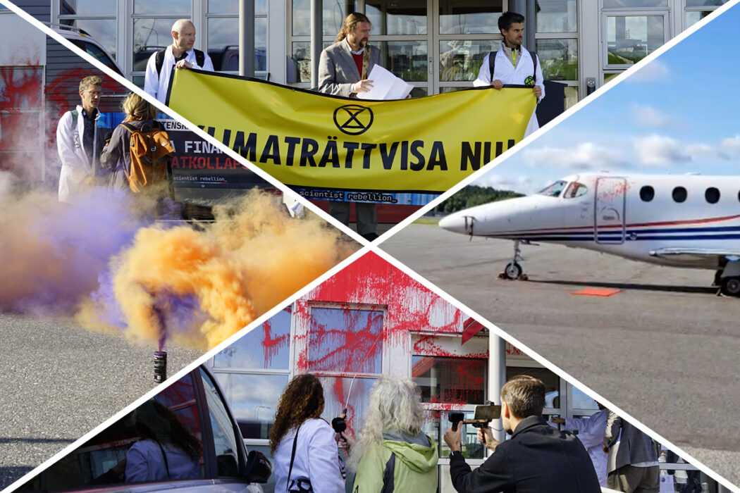 Klimataktivister genomför en aktion mot privatjetsverksamhet vid Bromma flygplats i september 2023, där färg sprejas på en byggnad och rökfacklor används.