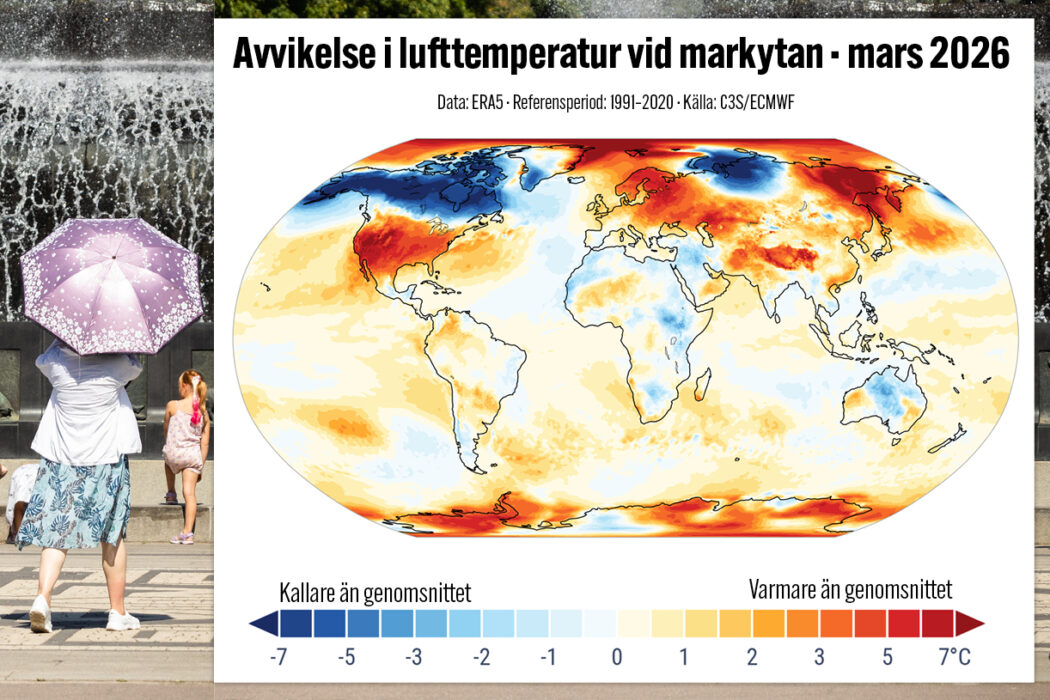 Karta över globala temperaturavvikelser i mars 2026.