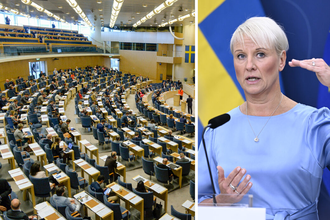 Äldre- och socialförsäkringsminister Anna Tenje (M) presenterar förslag om bidragstak vid en pressträff.