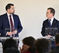 Moderaternas partiledare Ulf Kristersson (M) och Sverigedemokraternas partiledare Jimmie Åkesson (SD) håller en gemensam pressträff.