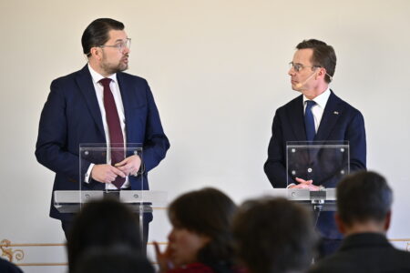 Moderaternas partiledare Ulf Kristersson (M) och Sverigedemokraternas partiledare Jimmie Åkesson (SD) håller en gemensam pressträff.