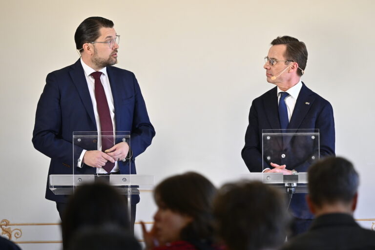 Moderaternas partiledare Ulf Kristersson (M) och Sverigedemokraternas partiledare Jimmie Åkesson (SD) håller en gemensam pressträff.