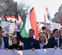 Péter Magyar marscherar i demonstrationståg.