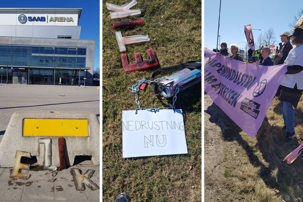 Aktivister från Extinction Rebellion protesterar vid Saabs område i Linköping i samband med bolagets årsstämma.