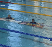 Aktivister i en bassäng med två banderoller som flyter på vattnet.