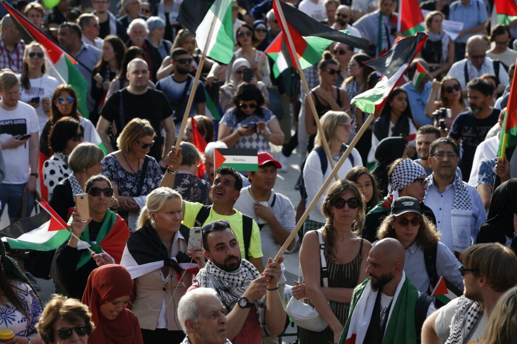Demonstration på Sergels torg i Stockholm 2018, till minne av al-Nakba.
