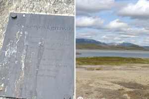 Minnesplakat över gruvan i Stekenjokk, samt bild från området.