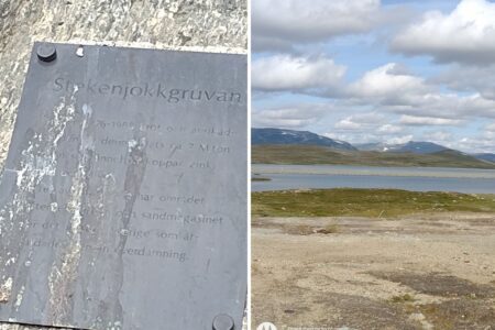 Minnesplakat över gruvan i Stekenjokk, samt bild från området.