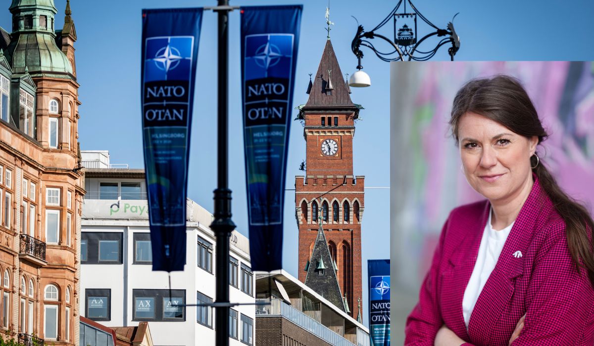 Bakgrund Halsingborg med Nato-flaggor på stan. Infälld: Kerstin Bergeå.