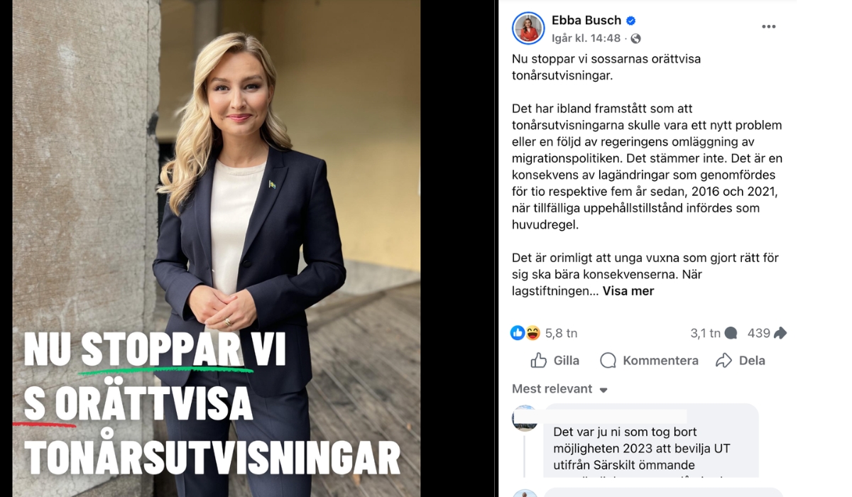 Skärmavbild från Ebba Buschs Facebooksida, inlägget postades 1 juni 2026.