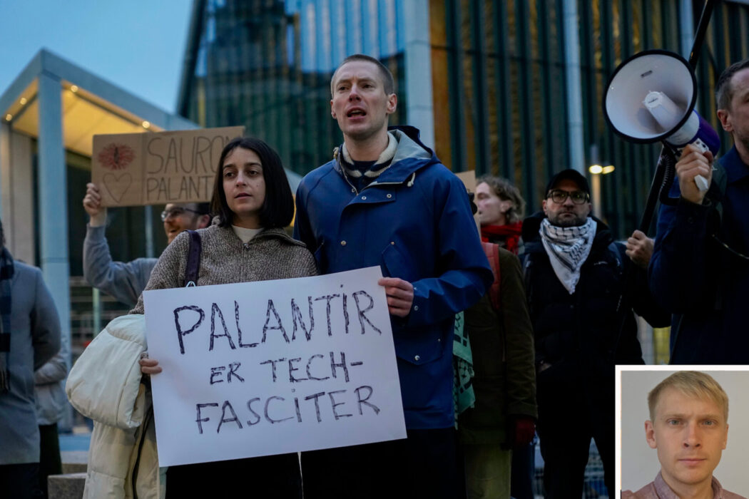 Palestinaaktivister i Norge demonstrerar mot det amerikanska techföretaget Palantir.