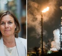 Miljöpartiets språkrör Isabella Lövin bredvid en bild på tysk stålindustri. Bilden är ett collage.