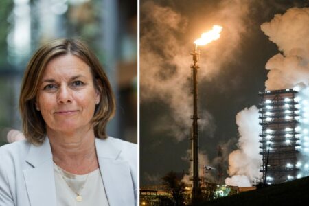 Miljöpartiets språkrör Isabella Lövin bredvid en bild på tysk stålindustri. Bilden är ett collage.