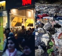 Collage där en bild föreställer folk utanför H&M och den andra balar av kasserade kläder.