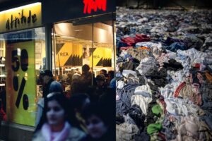 Collage där en bild föreställer folk utanför H&M och den andra balar av kasserade kläder.