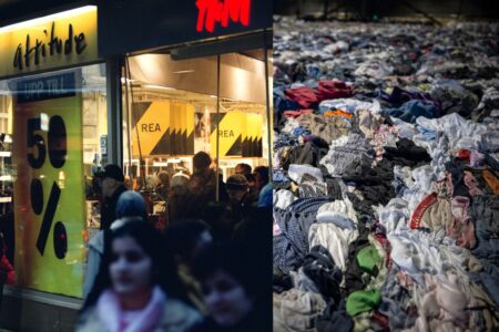 Collage där en bild föreställer folk utanför H&M och den andra balar av kasserade kläder.