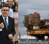 ollage. Andu Burnham och en rostig oljeplattform på land som ska plockas ned.