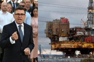 ollage. Andu Burnham och en rostig oljeplattform på land som ska plockas ned.